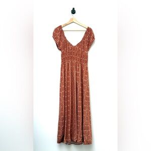 Patrons of Peace Boho Rust Floral Smocked Peekaboo Tie Back Maxi Dress